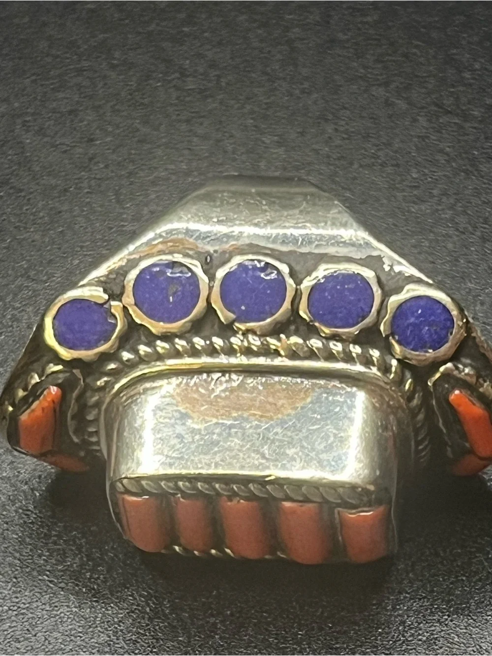 Southwestern Style Orange blue Inlay Statement Ring. Unmarked, not tested